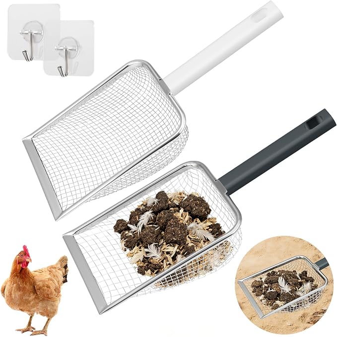 2 Pack Chicken Poop Scooper for Coop, Chicken Coop Shovel with 3.8mm (Fine) & 5mm (Medium) Mesh – Metal Rake & Scoop Tool with Hanger Hooks for Sifting Sand, Litter & Chicken Supplies