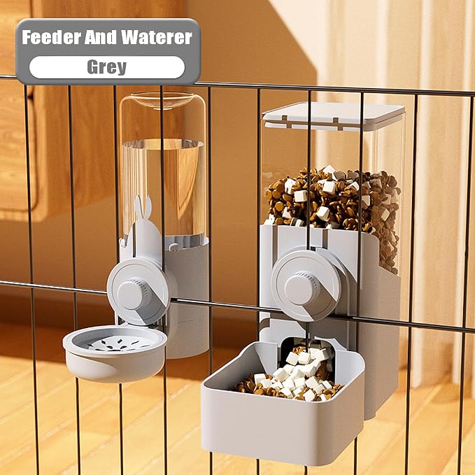 Gray Hanging Automatic Food Water Dispenser,Rabbit Feeder Guinea Pig Water Bottle Food Feeder for Ferret Guinea Pig Rabbit Bunny Cage Accessories,500ml/1600ml