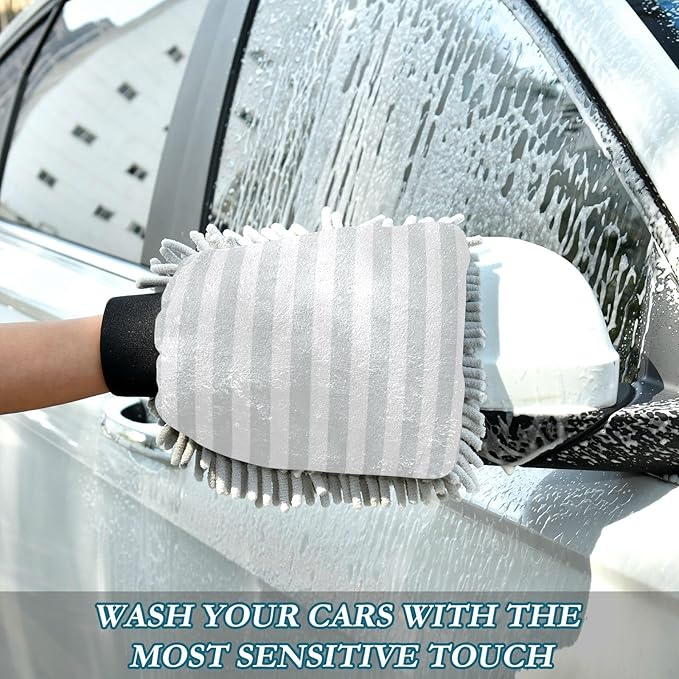 Car Wash Mitt Microfiber Wash Mitts for Car Washing Scratch-Free Cleaning Gloves Soft Non Absorbent Chenille Auto Hand Mitt Large 2Pack Grey Stripes