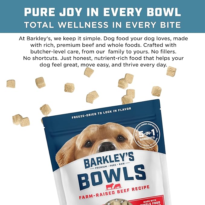 Barkley’s Bowls, Freeze-Dried Raw Beef Dog Food, Fresh Whole Food Ingredients with Farm-Raised Beef, Grain Free, High Protein for Balanced Nutrition, Dog Treats or Topper, 16 Oz Bag (3 Pack)