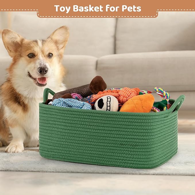 OIASKET Large Empty Gift Baskets for Baby Shower, 16.5" L x 12.6" W x 7" H Cute Woven Storage Basket with Gift Bags and Ribbons, Small Rope Toy Basket with Handles, Cat Dog Pet Toy Organizer - Green