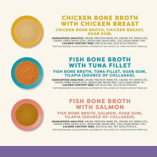 Applaws Bone Broth Fish & Chicken Variety 12-Pack Lickable Wet Cat Food Topper, High Protein, Limited Ingredient, Grain Free, No Artificial Additives (12 x 3 oz Resealable Spout Pouches)