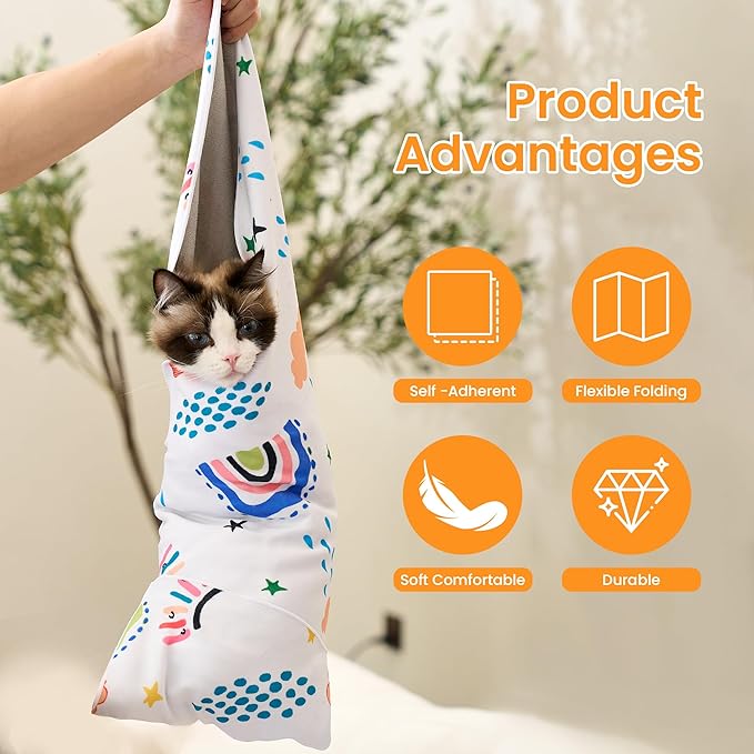 27.6'' Cat Grooming Wrap for Cutting Nails Self-Adhesive Soft Polyester Fabric Swaddle Wrap for Cats Anti-Scratch Anti-Escape Restraint for Nail Clipping Pet Cleaning and Beauty (Rainbow,XL)