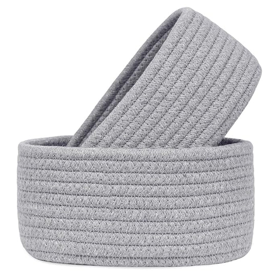 【2 Pack】ABenkle Small Woven Baskets, Tiny Oval Shallow Storage Baskets, Mini Cotton Rope Empty Decorative Basket, Boho Little Organizer Bins for Bathroom, Cat Dog Toy Gifts Baskets