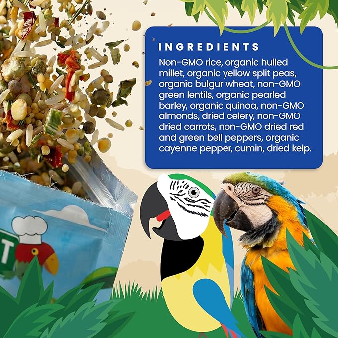 Bird Street Bistro Parrot Food for Parakeets & Cockatiels - Viva La Veggies - 24 oz - Cooks in 3-15 min, Natural Grains, Fruits & Vegetables - USA Made