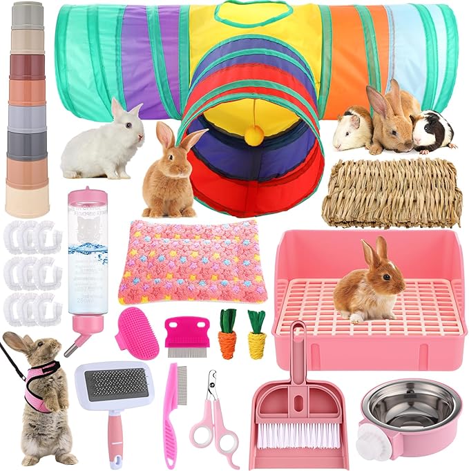 34 Pcs Rabbit Starter Kit Rabbit Litter Box Small Animal Water Bottle Cups Bunny Tunnels Animal Grooming Kit Bowl Blanket with Cleaning Set for Guinea Pig Bunny Accessories(Style 1,Pink)