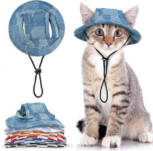QBLEEV Cat Hats for Cats Only, Sphynx Hat with Ear Hole, Summer Cowboy Hats | Breathable kitten headwear mini sun sombrero caps, pet chihuahua sunscreen baseball outdoor climbing cap for birthday party