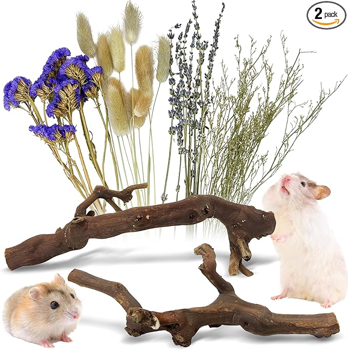 2Pcs Hamster Climbing Branches Decor 11.8in Rat Tree Logs Toy Wooden Gerbil Habitat Ornament Small Animal Cage Accessories with 31Pcs Natural Flower Hamster Mate Herbs