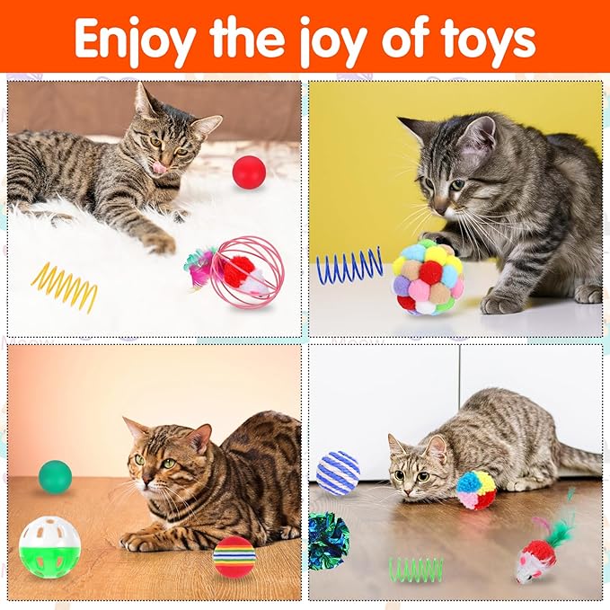 150 Pcs Cat Toys Bulk, Kitten Toys Assorted Cat Toy Variety Pack Cats Toy Bundle with Mice Rainbow Balls/Springs Crinkle Balls/Lattice/Sisal/Table Tennis/Plush/Caged Bell for Indoor Cats Kitty Kitten