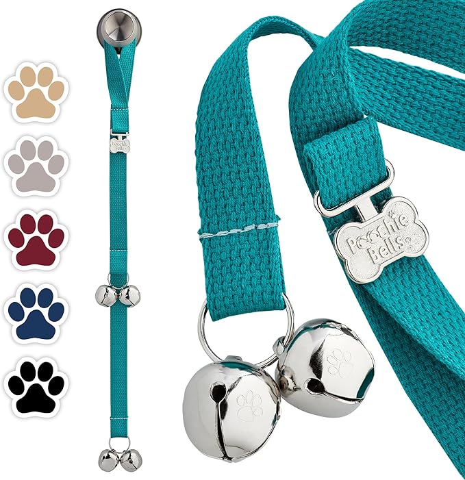 PoochieBells Dog Door Bells for Potty Training, Quick & Easy Puppy Potty Training Method Included, Handcrafted in USA with Loud, Paw-Safe Bells, Durable Cotton Webbing - Teal