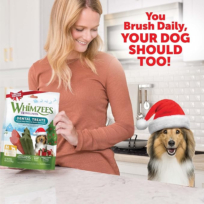 Wellness WHIMZEES Holiday Dog Dental Treat, Christmas Winter Seasonal Gift, Chews, Freshens Breath, Medium Size, 6.3 oz Bag, 6 Count