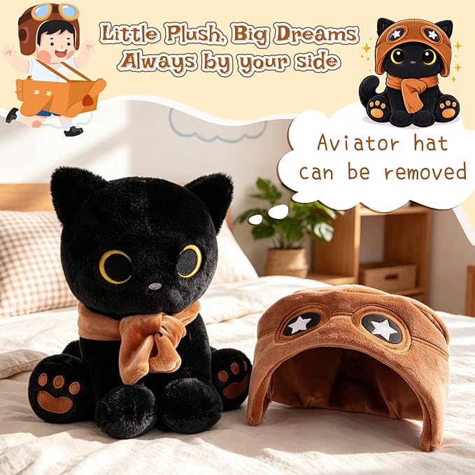 Cat Plush Toy - Black Cat with Removable Aviator Hat, 8" Cute Stuffed Animal for Kids & Adults, Soft Aviator Kitten Toy Birthday Gift for Boys,Girls, Little Pilots Party Favors