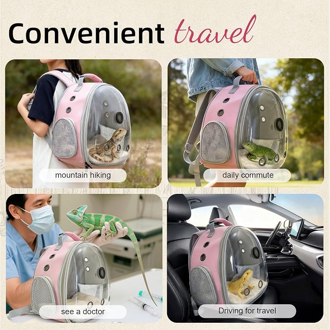 Bearded Dragon Travel Backpack Carrier with Reptile Thermometer and Humidity Gauge Lizard Travel Cage Space Capsule Clear Bubble Window Astronaut Reptile Bag for Ball Python (Pink, Backpack)