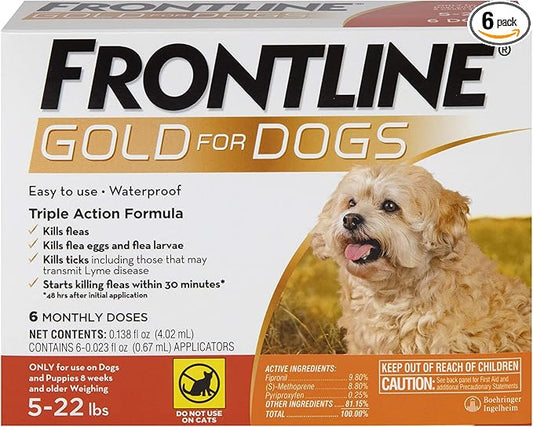 FRONTLINE Gold Flea & Tick Treatment for Small Dogs Up to 5 to 22 lbs., Pack of 6