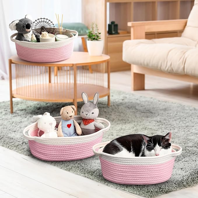 2 Pack Small Woven Basket with Gift Bags and Ribbons, Empty Decorative Gift Chest Box, Cute Baby Gift Basket for Nursery, Cotton Rope Room Shelf Storage Basket with Handles, All 12"x 8"x 5", Pink