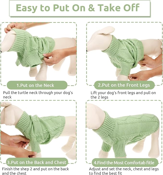 Queenmore Small Dog Pullover Sweater, Cold Weather Cable Knitwear, Classic Turtleneck Thick Warm Clothes for Chihuahua, Bulldog, Dachshund, Pug, Yorkie (Green, Large)