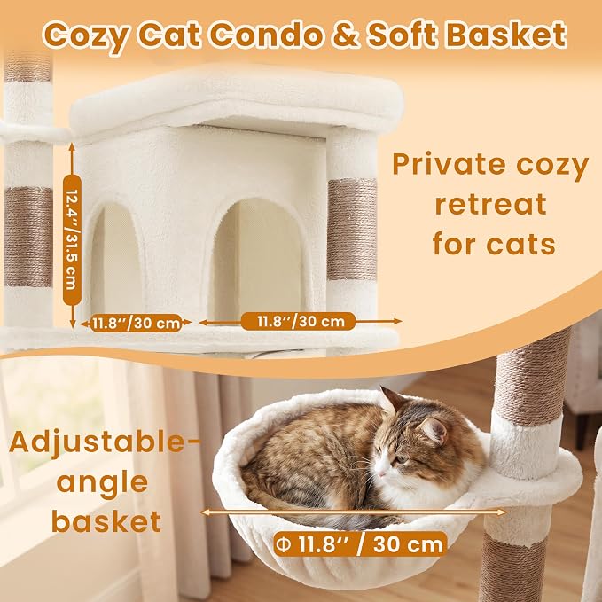 Heybly Cat Tree, 56-Inch Multi-Level Easy Climb Tower for Large Cats, Cat Furniture with 2 Perches, Cozy Hammock, Spacious Condo & Cat Basket, Durable Sisal Scratching Posts, Beige HCT028G