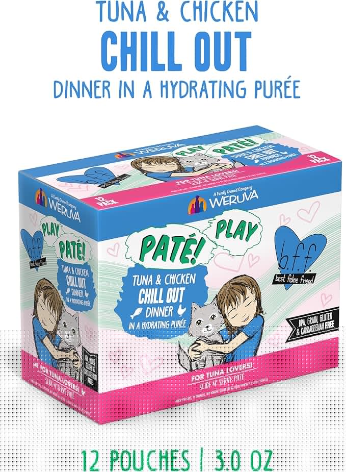 Weruva B.F.F. Play - Best Feline Friend Paté Lovers, Aw Yeah!, Tuna & Chicken Chill Out with Tuna & Chicken, 3oz Pouch (Pack of 12)