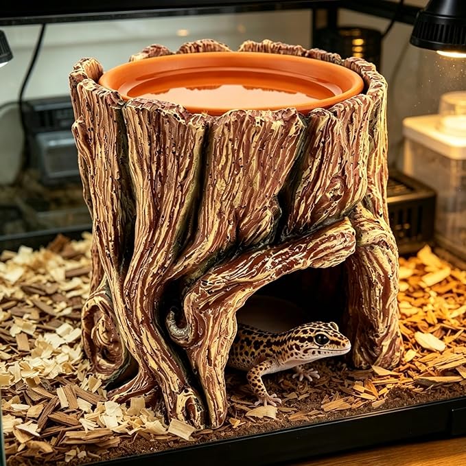 Reptile Hide Cave Hideout Habitat House Decor with Clay Water Basin Humidifying Help Shedding for Leopard Gecko Snake Ball Python Tortoise Toad Tarantula Frog