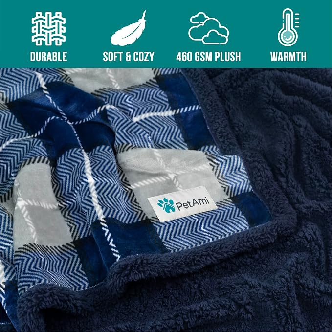 PetAmi Dog Blanket for Small Medium Dogs and Cats, Soft Sherpa Fleece Pet Blanket Throw Puppies Kittens, Reversible Plush Couch Cover Protector Sofa Bed Crate, Machine Washable, 60x40, Plaid Navy Blue