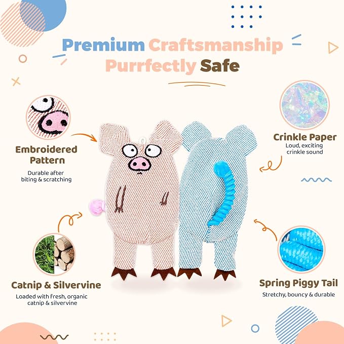 Cat Toys for Indoor Cats, 2 PCS 8000mg A+Natural Catnip Silvervine Crinkle Interactive Cat Toy Pig with Bell Elastic Tail, Baby-Grade Plush Chew Toy for Teeth Cleaning, Cat Kickers for Boredom