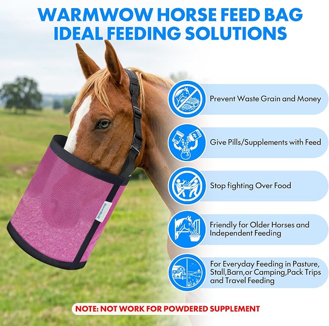 Horse Feed Bag Pack of 2 (Reinforced Bottom Edging), Feed Bags for Horses with Ventilation Mesh, Comfort Nose Pad Neck Pad, Adjustable Strap, Spill Proof Design for Feeding Grain, Supplements
