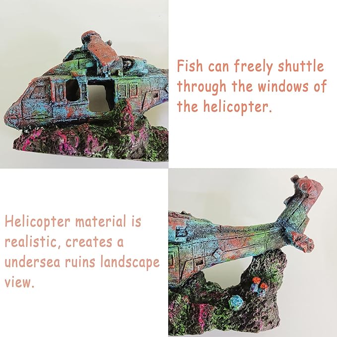 Helicopter Ruins Landscaping Fish Shrimp Shelter Resin Stone Tank Decoration for Turtles