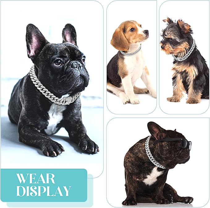 Tallew Silver Dog Chain Diamond Collar Walking Metal Chain Necklace with Secure Buckle Pet Cuban Style Collar Jewelry Accessories for Small Medium Large Dog Cats(22 Inch)