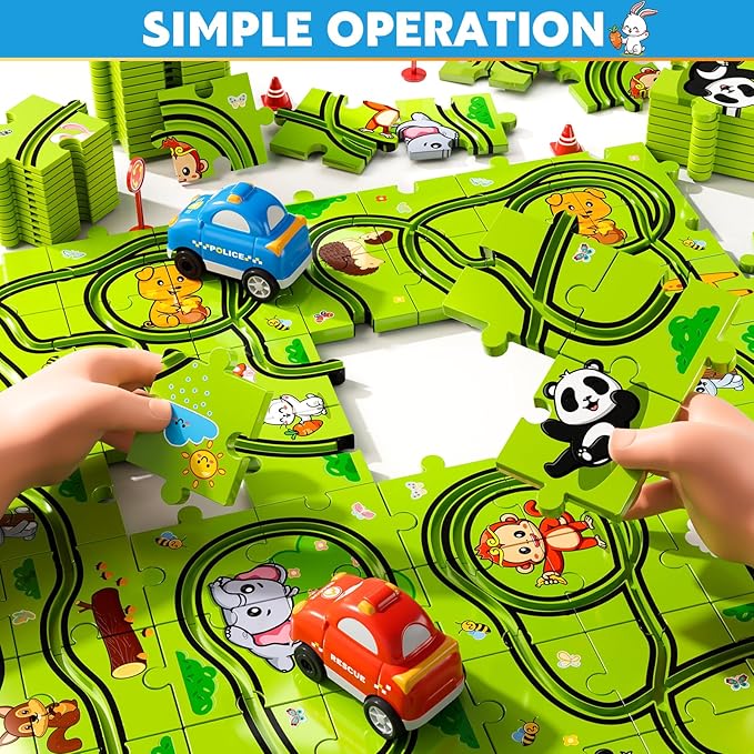 Beby Buty 48PCS Puzzle Race Track Car Set Toys for Kids Boys, Floor Puzzle Car Tracks for Boys Ages 3-5 4-6, Toddler Toys Gifts for 3 4 5 Year Old Kids, Ideal 3 4 5 6 Year Old Birthday Gifts