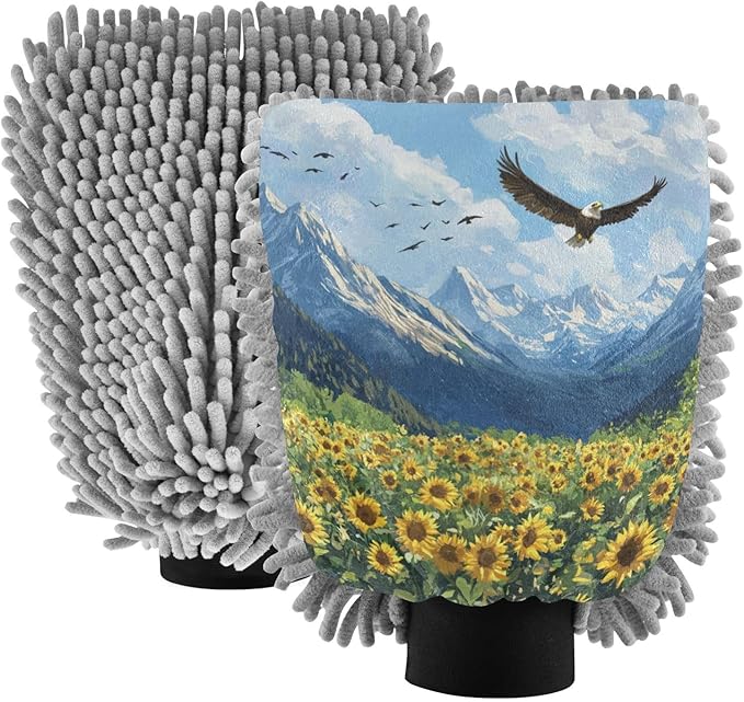 Car Wash Mitt Microfiber Wash Mitts for Car Washing Scratch-Free Cleaning Gloves Soft Non Absorbent Chenille Auto Hand Mitt Medium 2Pack Sunflowers Eagles and Blue Mountain