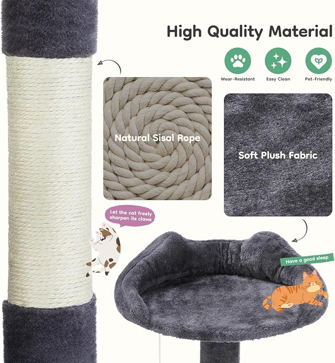 DUMOS 54 Inch Indoor Cat Tree Tower with Scratching Posts, Multi-Level Pet House for Large Cats with 2 Condos, Round Platform, Small Ladder, and Toys – Perfect for Cats of All Ages, Dark Grey