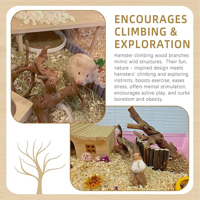 kathson 2PCS Wood Hamster Climbing Branches Decor, Natural Wooden Syrian Hamster Climb Chewing Toys, Rat Exercise Toys, Small Animal Habitat Decor Accessories for Dwarf Pets, Gerbils, Mice (5.9 in)