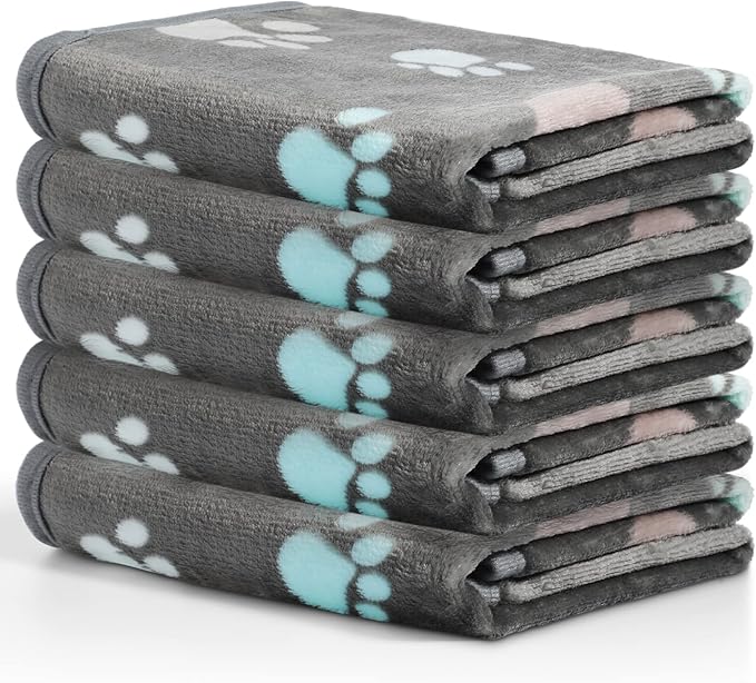 Tegeme 12 Pcs Pet Blankets 23 x 16 Inch Soft Fluffy Fleece Dog Cat Warm Paw Print Pattern Blankets Flannel Throw for Pets Dog Puppy Cat(Dark Gray)