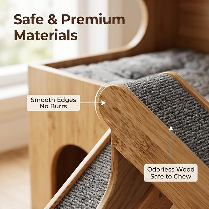 Quazara Guinea Pig Hideout, 2-Tier Thickened Natural Wood Chew Resistant Small Animal House, Pet Shelter with Ramp & Washable Cushion, 10-Min Assembly with Screwdriver, for Guinea Pigs,Hamster