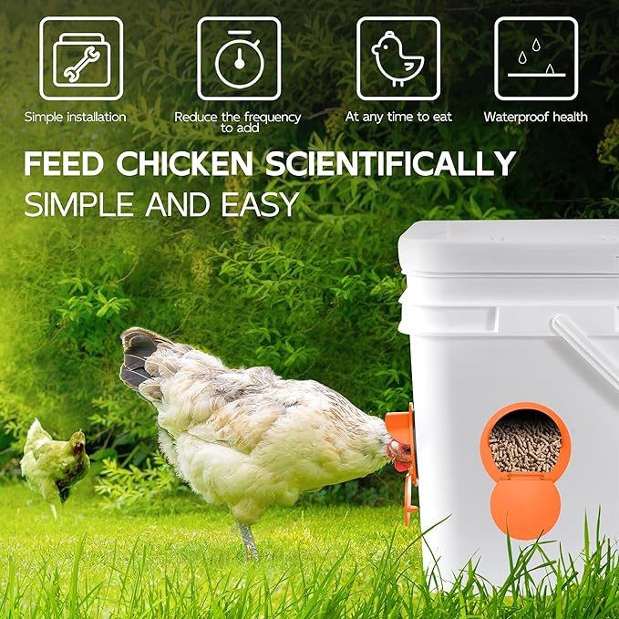 Chicken Feeder Port 8 Pack - No Waste DIY Poultry Feeding Kit with Stopper Lid & Hole Saw, Reusable Rain Proof Automatic Coop Gravity Feeder for Hens Ducks Geese (Orange)