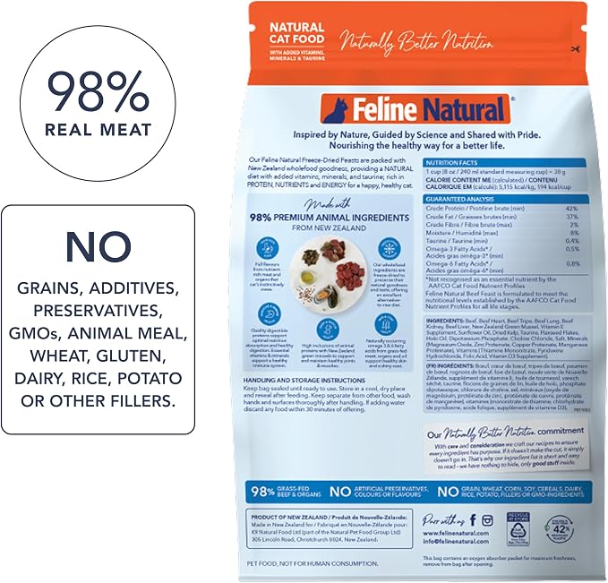 Feline Natural High Protein Dry Cat Food, Freeze-Dried Diet with 98% Meat, Organs & Seafood, No Peas, Grains, or Artificial Additives, Made in New Zealand, Beef, 11oz
