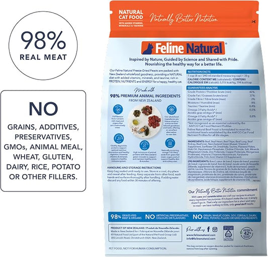 Feline Natural High Protein Dry Cat Food, Freeze-Dried Diet with 98% Meat, Organs & Seafood, No Peas, Grains, or Artificial Additives, Made in New Zealand, Beef, 11oz