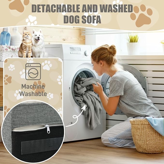 Dog Sofa Couch for Medium Dogs, Memory Foam Dog Bed with Washable Fabric, Durable Elevated Pet Sofa Couch with Legs, Removable Cushion for Medium Dogs, Light Grey