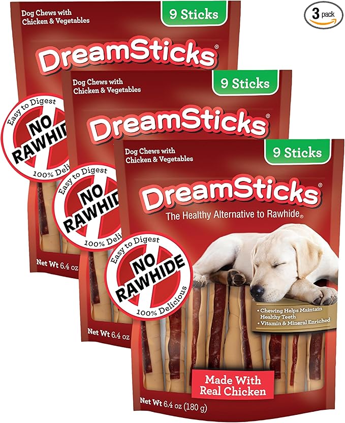 DreamBone DreamSticks, Rawhide Free Dog Chew Sticks Made with Real Chicken and Vegetables, 9 Sticks (Pack of 3)