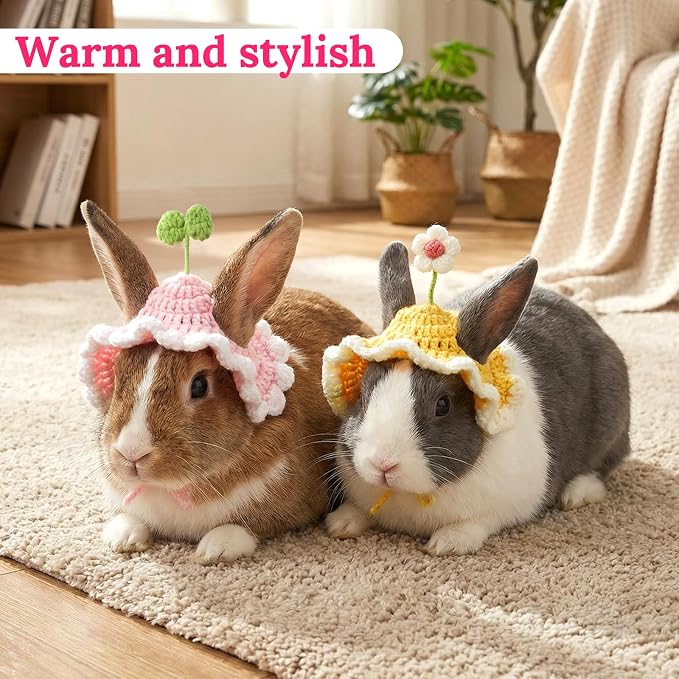 2PCS Cat Hats Cute Flower Crochet Hats for Cats Small Pets Birthday Party Christmas Halloween Easter Travel Accessories Puppy Hat (Pink, Yellow)