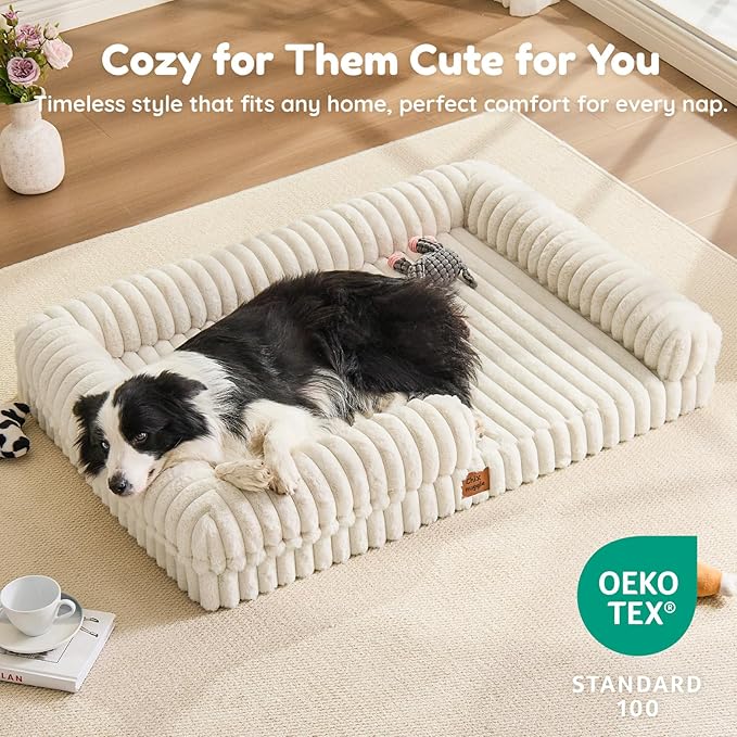 ChiXnuggle Orthopedic Dog Bed with Bolster Sides for Sleeping, Fluffy Plush Rectangular XL Dog Bed, Luxury Striped Faux Fur Waterproof Dog Couch with Removable Washable Cover, Cream