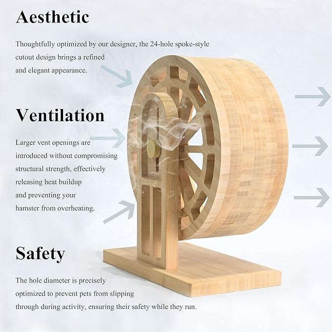 7" Silent Hamster Wheel, Carbonized Bamboo Exercise Spinner with Adjustable Stand for Dwarf Hamsters, Roborovski & Small Mice