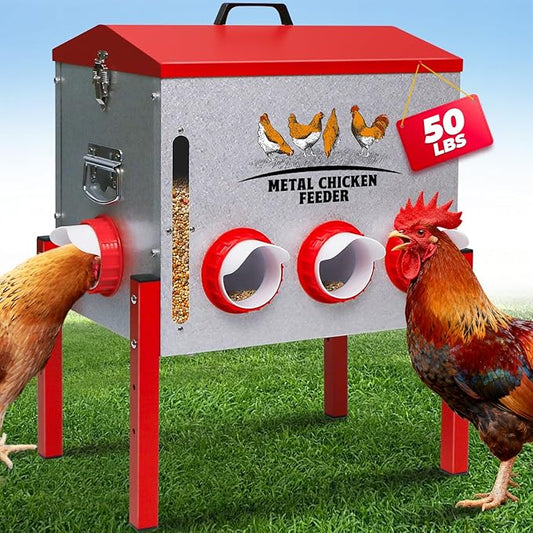 Automatic Chicken Feeder 50LBS Large Capacity, 8 Anti-Waste Ports Metal Poultry Feeder with Height Adjustable Stand, Waterproof Rodent Proof Feed Box with Lid Viewing Window for Hens Ducks Geese
