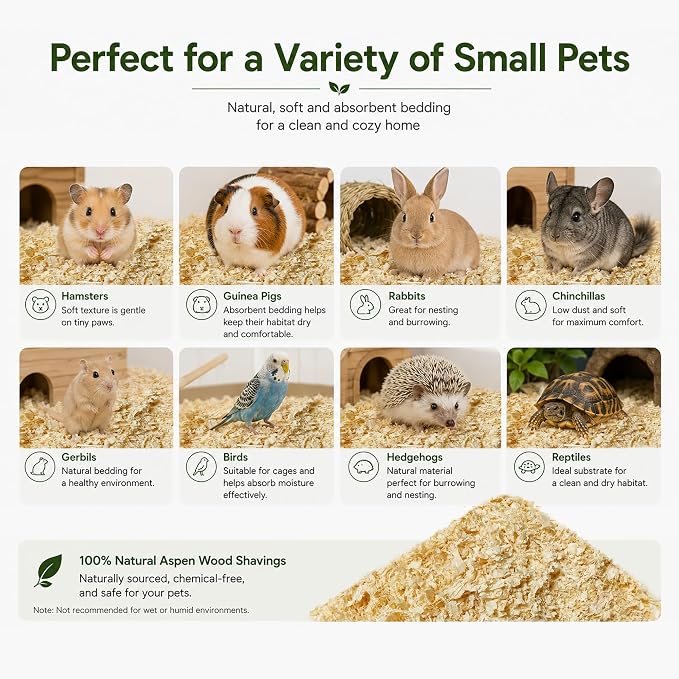 35oz Natural Aspen Wood Pet Bedding – Low Dust, Odor Control & Ultra Absorbent Shavings for Hamsters, Parrots, Guinea Pigs & Small Animals