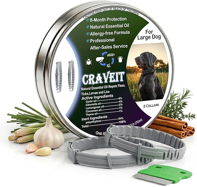 Craveit Dog Flea Collar, 2 Pack Flea Collar for Dogs Large, Gentle Plant-Based Tick Repellent for Large Dog, Waterproof & Adjustable, 8-Month Long-Lasting Defense
