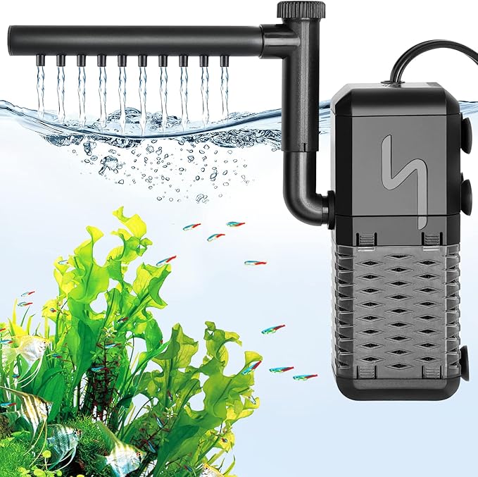 AQQA Aquarium Filter, Submersible Power Fish Tank Filter with Rainwater Aerator System Adjustable Water Flow Design, Ultra Silent Biochemical Sponge Filtration Up to Fish Tank 50 Gallon (6W-158GPH)