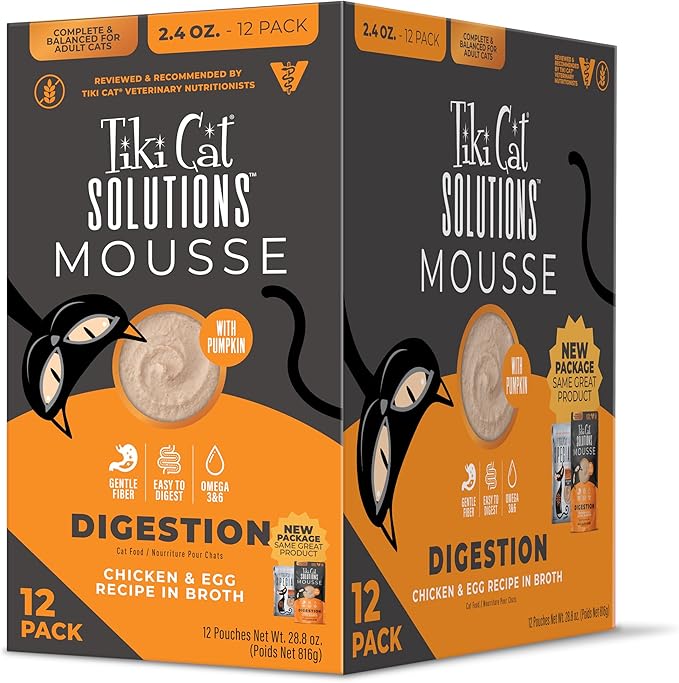Tiki Cat Solutions Mousse Multipack, Wet Cat Food, Digestion, Chicken & Egg, 2.4 oz. Pouch (12 Count)