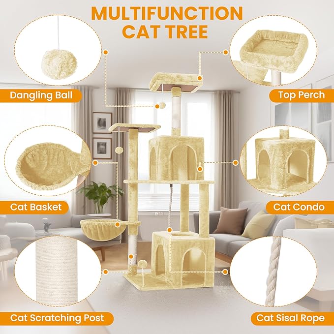 54-Inch Cat Tree Tower with 2 Caves & 2 Pompoms - Multi-Level Tower for Indoor Cats, Soft Plush Condo with Scratching Posts - Sturdy Base for Large Cats(Beige)