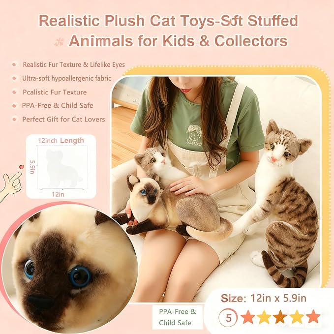 GUDVES Siamese Cat Stuffed Animal, Shorthair Cat Realistic Plush Cat Stuffed Toys, Gift for Kids 12inches (A)