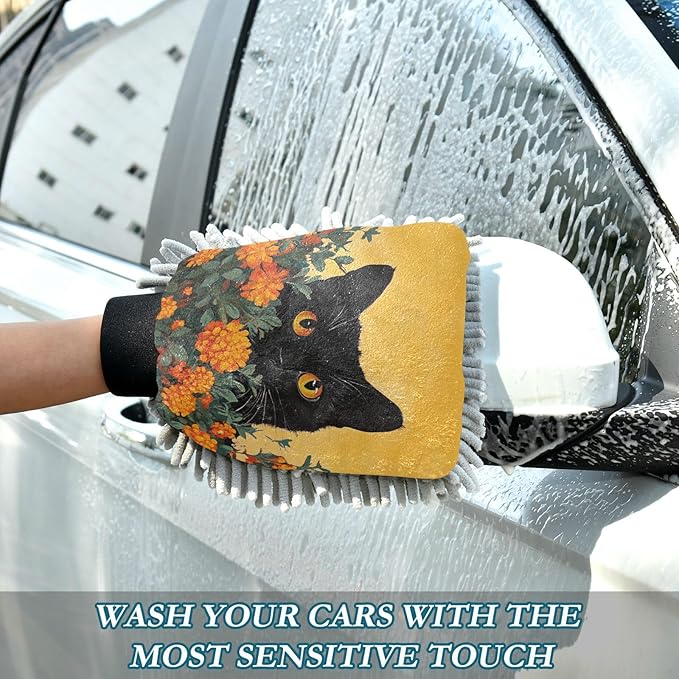 Car Wash Mitt Microfiber Wash Mitts for Car Washing Scratch-Free Cleaning Gloves Soft Non Absorbent Chenille Auto Hand Mitt Medium 2Pack Orange Flower Black Cat
